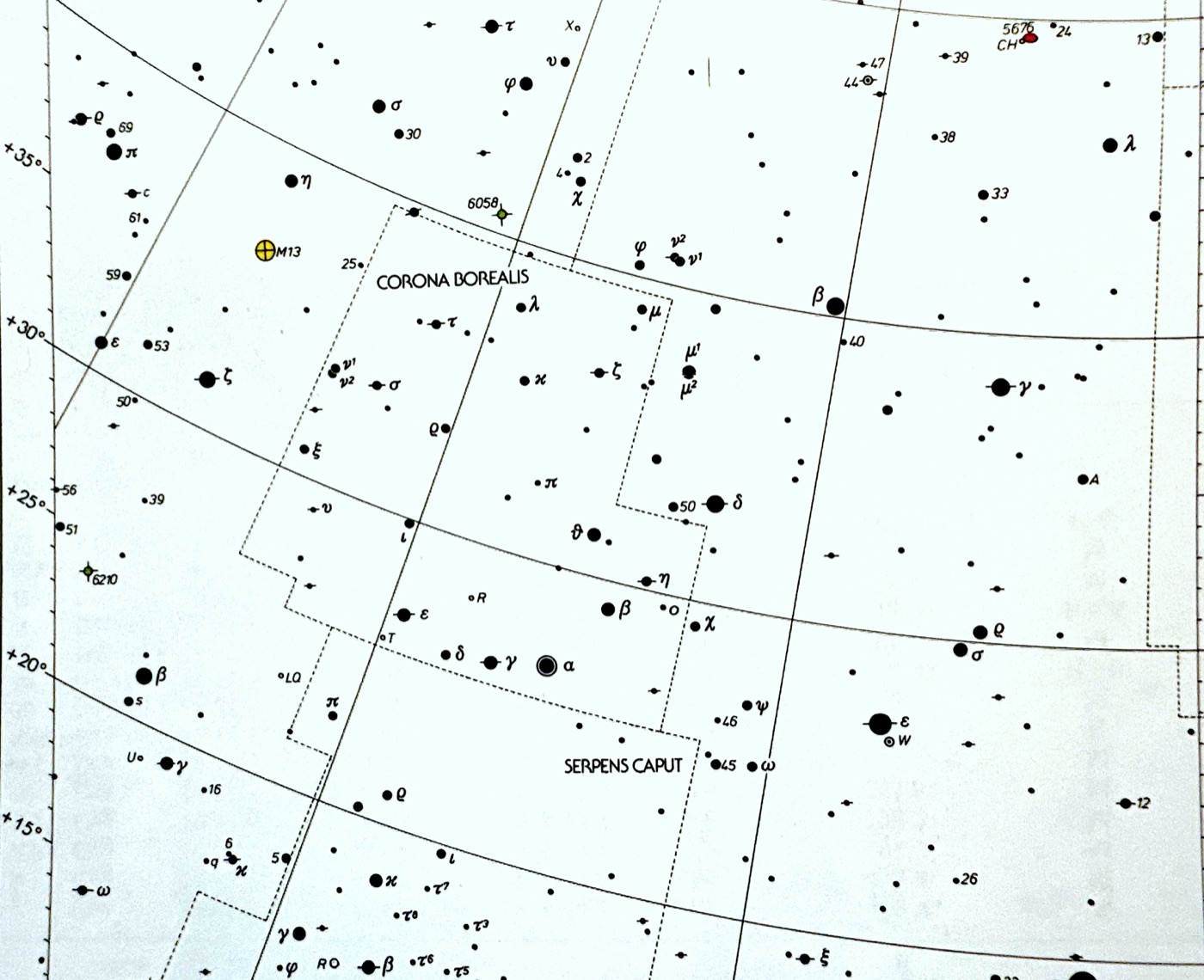 Will Tirion star atlas chart showing the Corona Borealis region with labeled stars down to faint magnitudes.