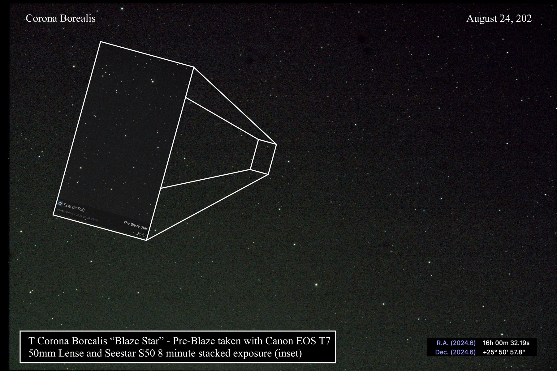 Wide-field shot of Corona Borealis with an inset showing an 8-minute Seestar S50 stacked exposure of the T CrB field, connected by sightlines to its position in the constellation.