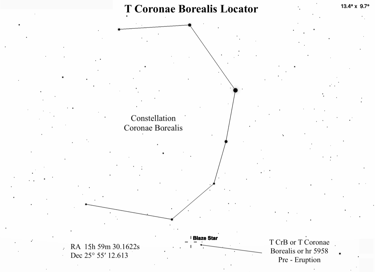 Locator chart showing Corona Borealis with T CrB marked near naked-eye visibility threshold.